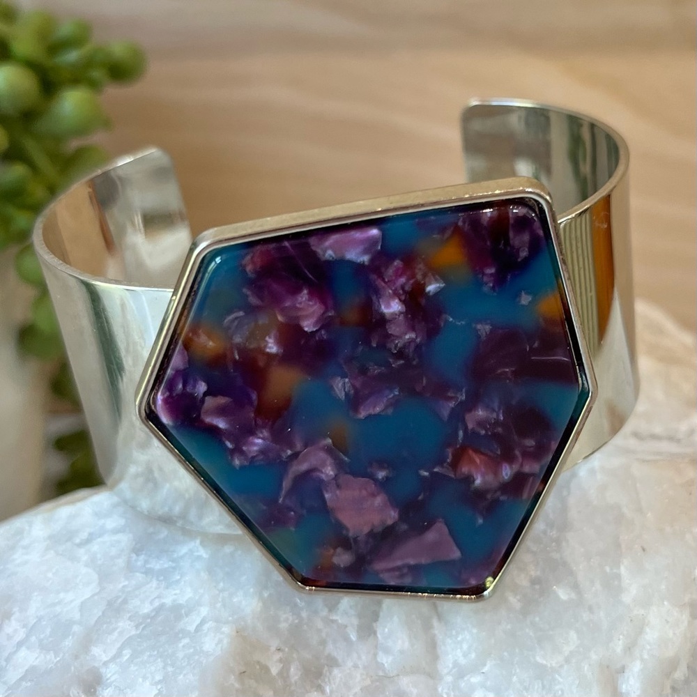 Multicolored Silver Toned Open Cuff Bracelet